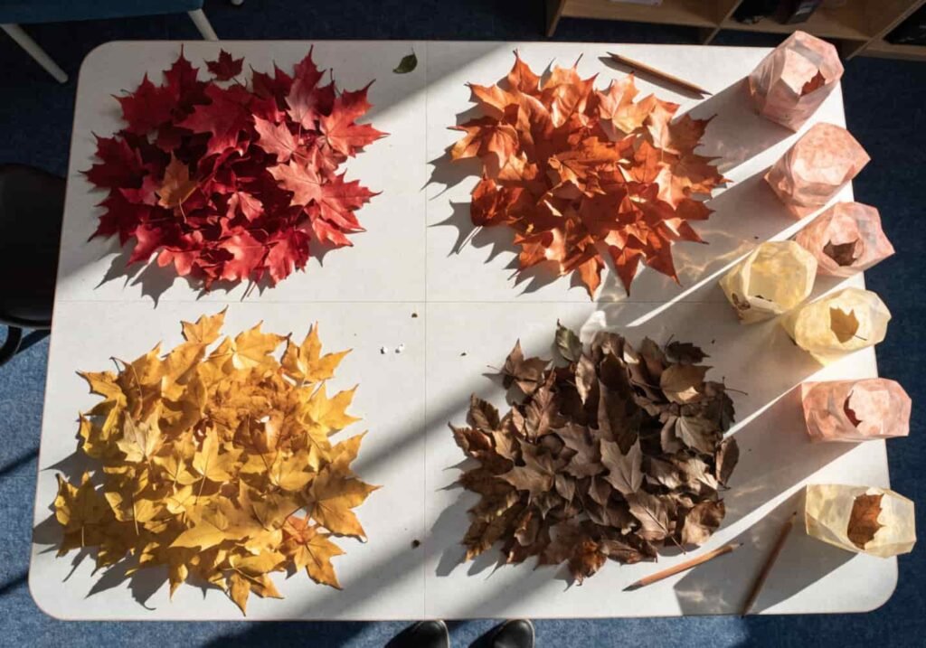 Autumn leaves sorted by color into red, orange, yellow, and brown groups