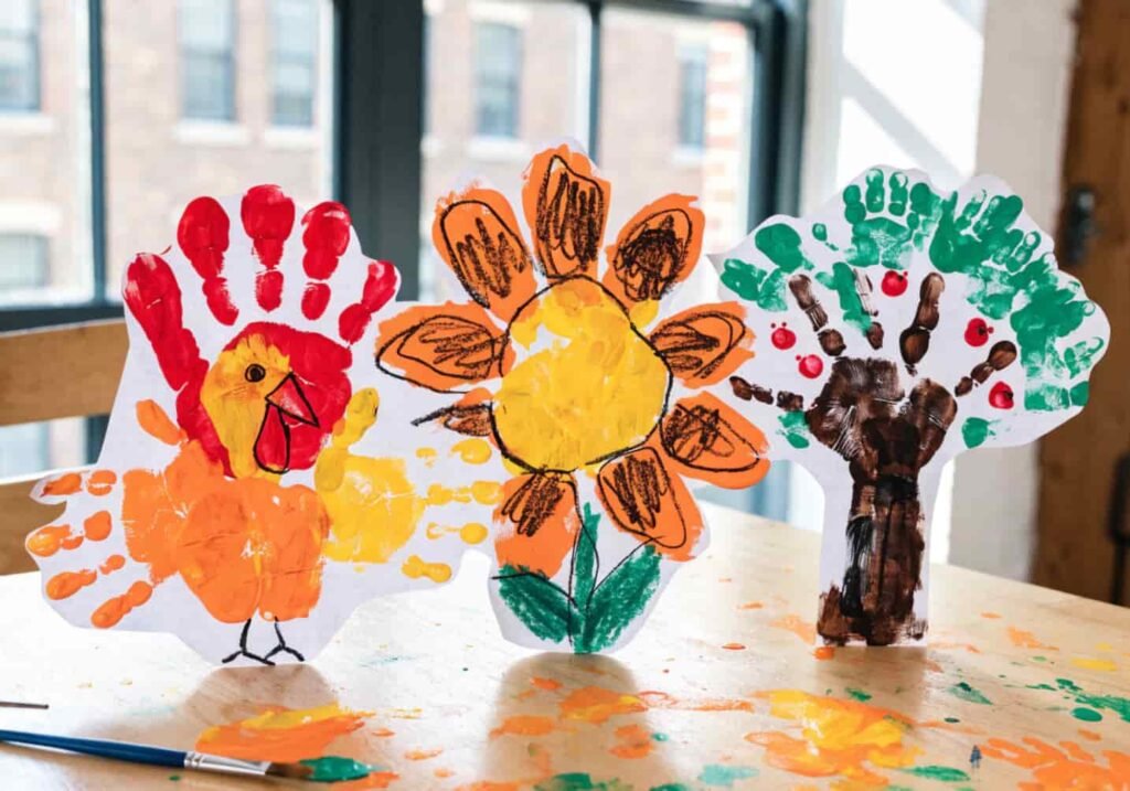 Handprint craft projects including a turkey and flower made with tempera paint for kindergarten art class.