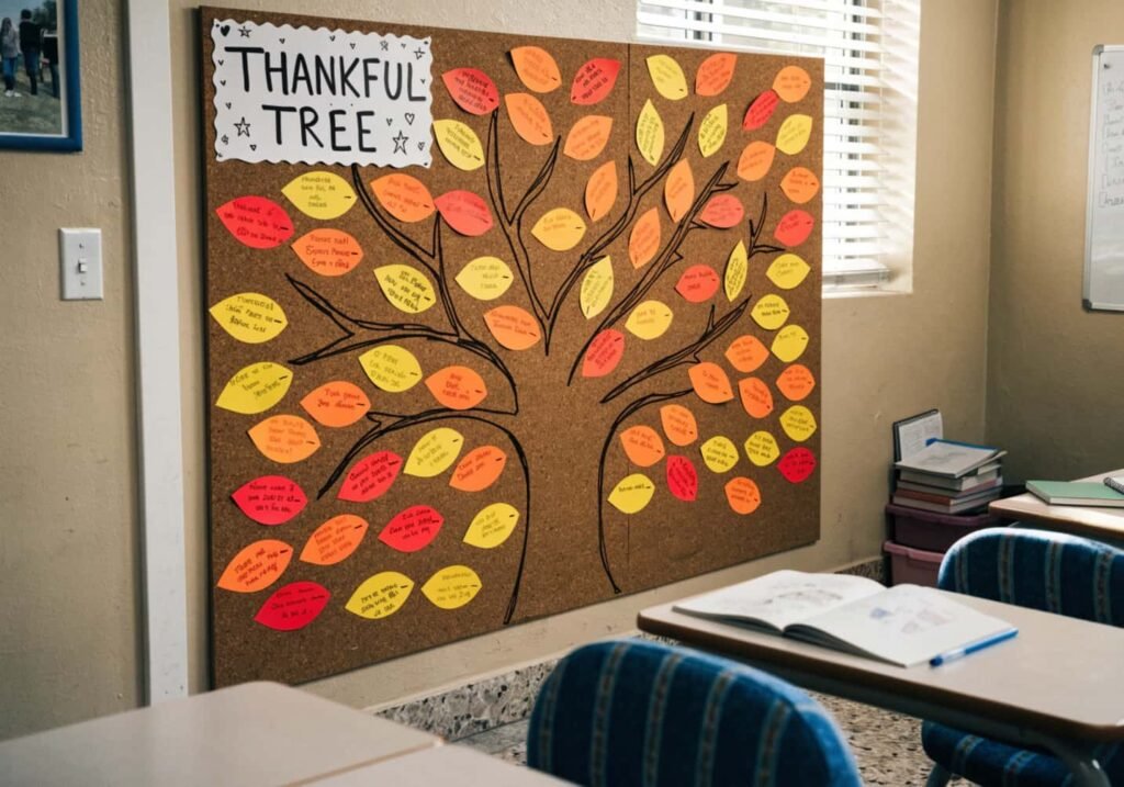 Thankful tree bulletin board covered in student-made autumn leaves