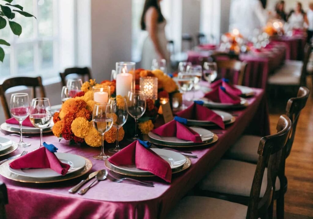Bold summer wedding color palette using magenta, marigold, and cobalt accents.
