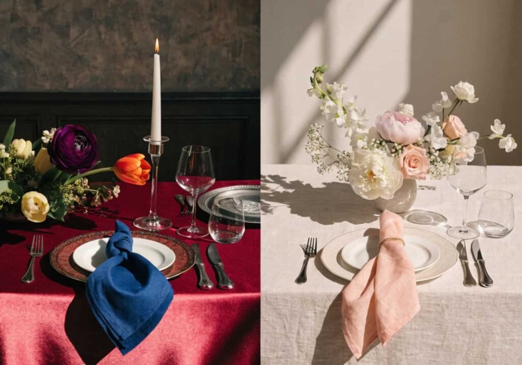 Bold jewel-tone and soft muted wedding table settings compared side by side.