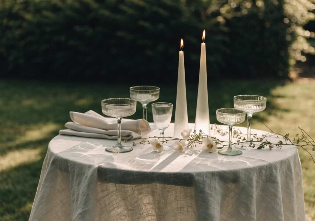 Elegant table setting with linen and glassware for a small backyard reception.