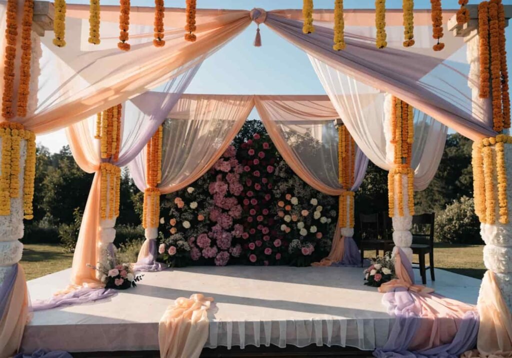 Traditional mandap stage decorated with garlands and drapery