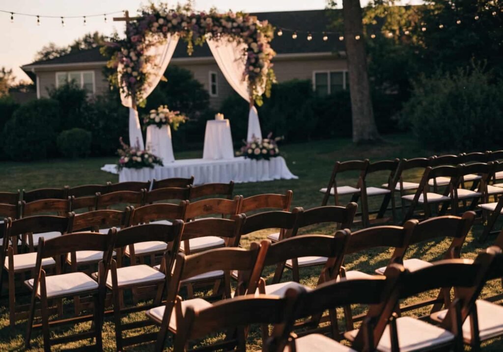 Backyard wedding ceremony scheduled during golden hour sunset.