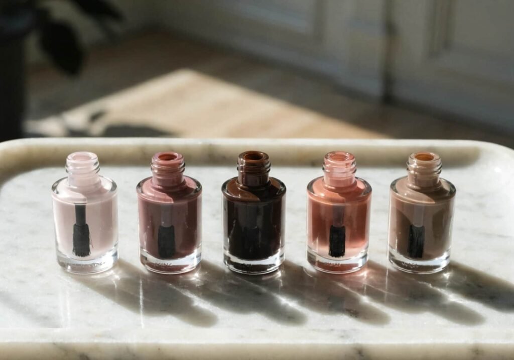 Five elegant muted nail polish shades including milky pink, terracotta, and espresso brown displayed in open bottles.