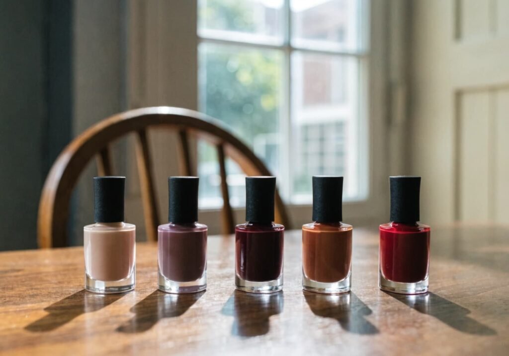 Row of classy nail polish colors including nude, mauve, and burgundy