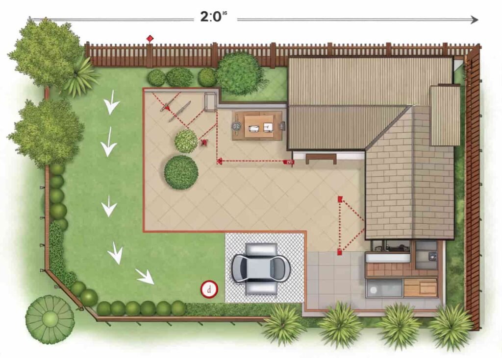 Backyard layout diagram showing ideal grill station placement and clearance distances