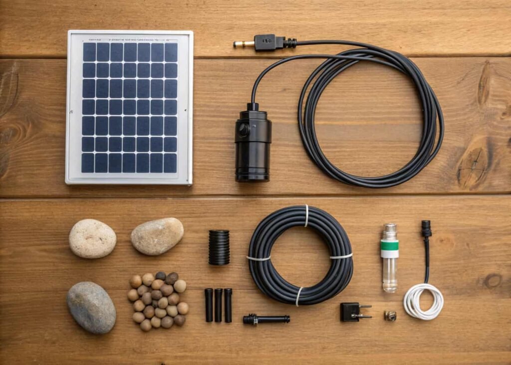 Flat lay of DIY solar fountain parts including pump, solar panel, tubing, and decorative stones