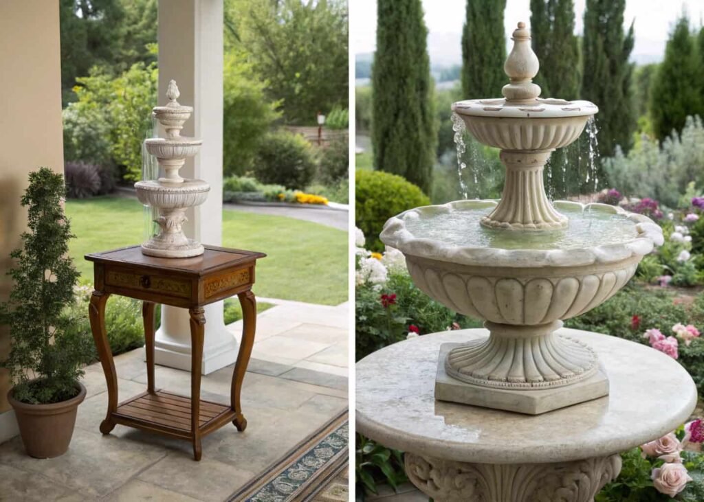 Comparison of indoor, outdoor, and tabletop water fountain types.