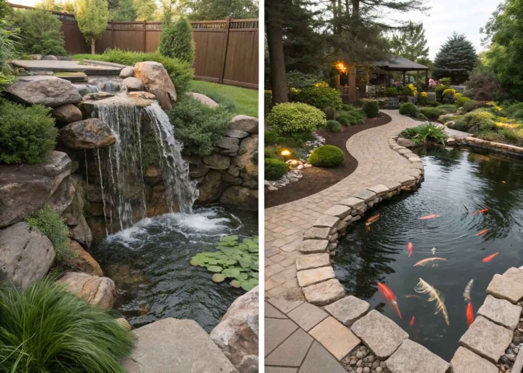 Comparison of a pondless waterfall design and a full koi pond in backyard settings.