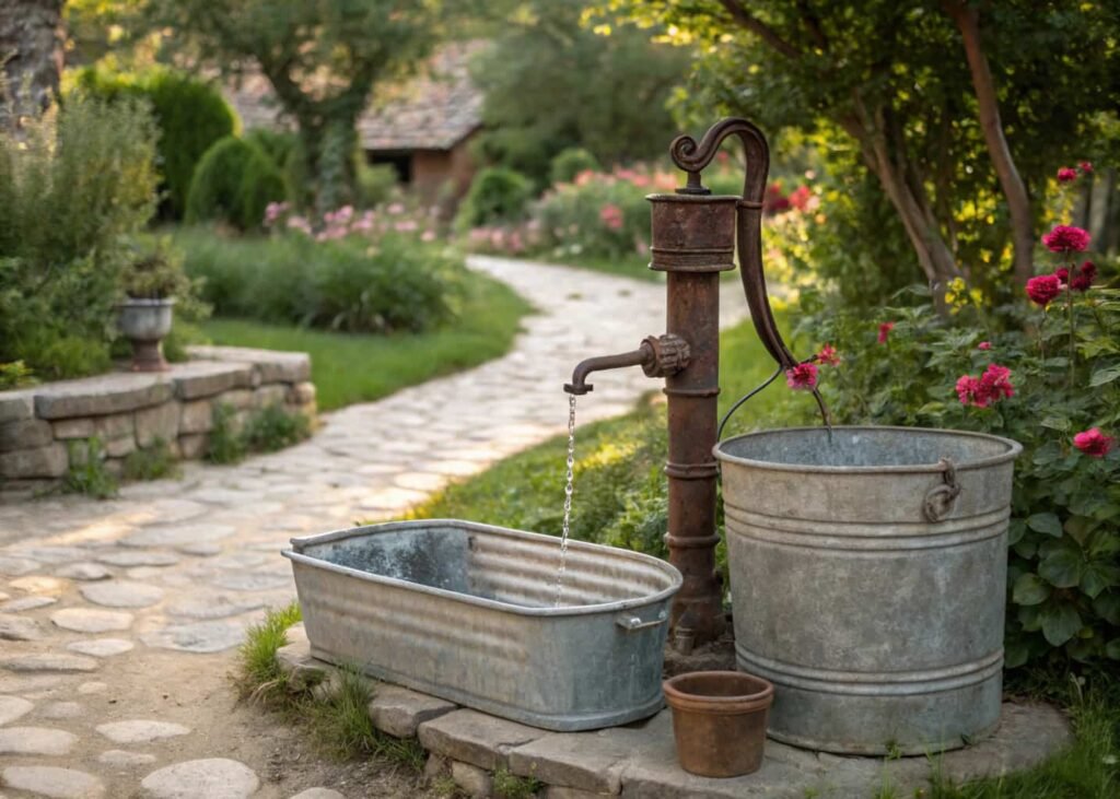 Vintage rustic DIY fountain using galvanized tubs and antique pump