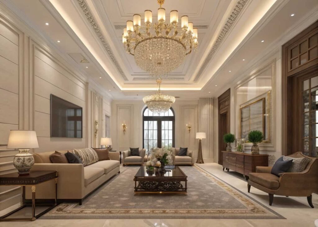Large living room design centered around a statement chandelier.