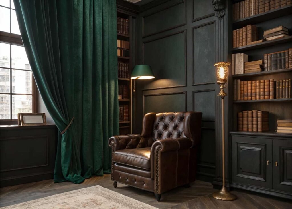 Dark academia living room with leather armchair, warm lamp lighting, and dark wood shelving.