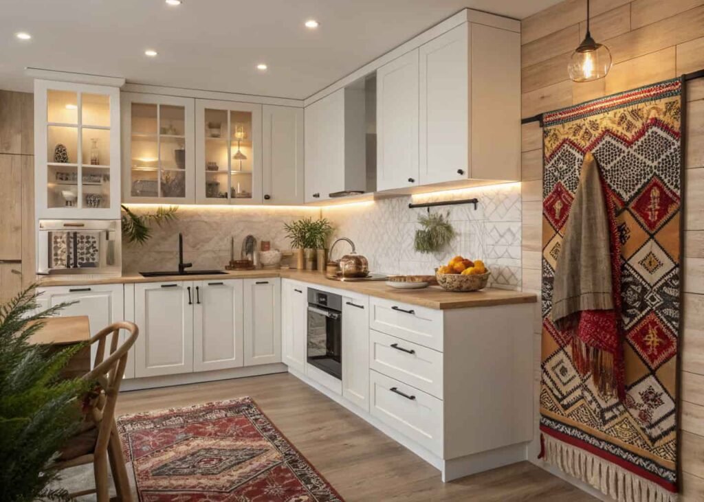 Eclectic kitchen blending Scandinavian and boho design elements