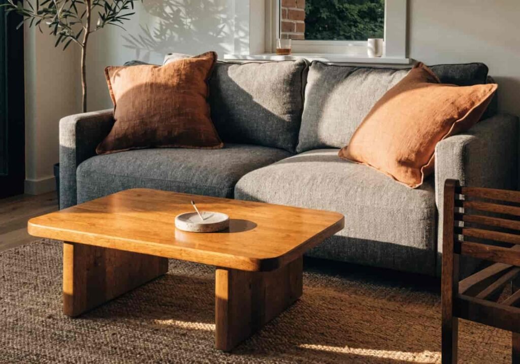 Gray sofa paired with warm oak table and terracotta cushions in boho living room