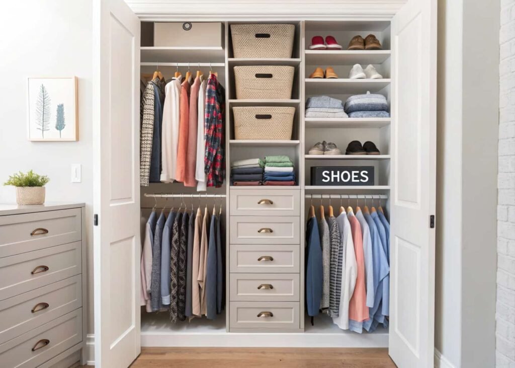 Well-organized closet with double hanging rods and drawer storage