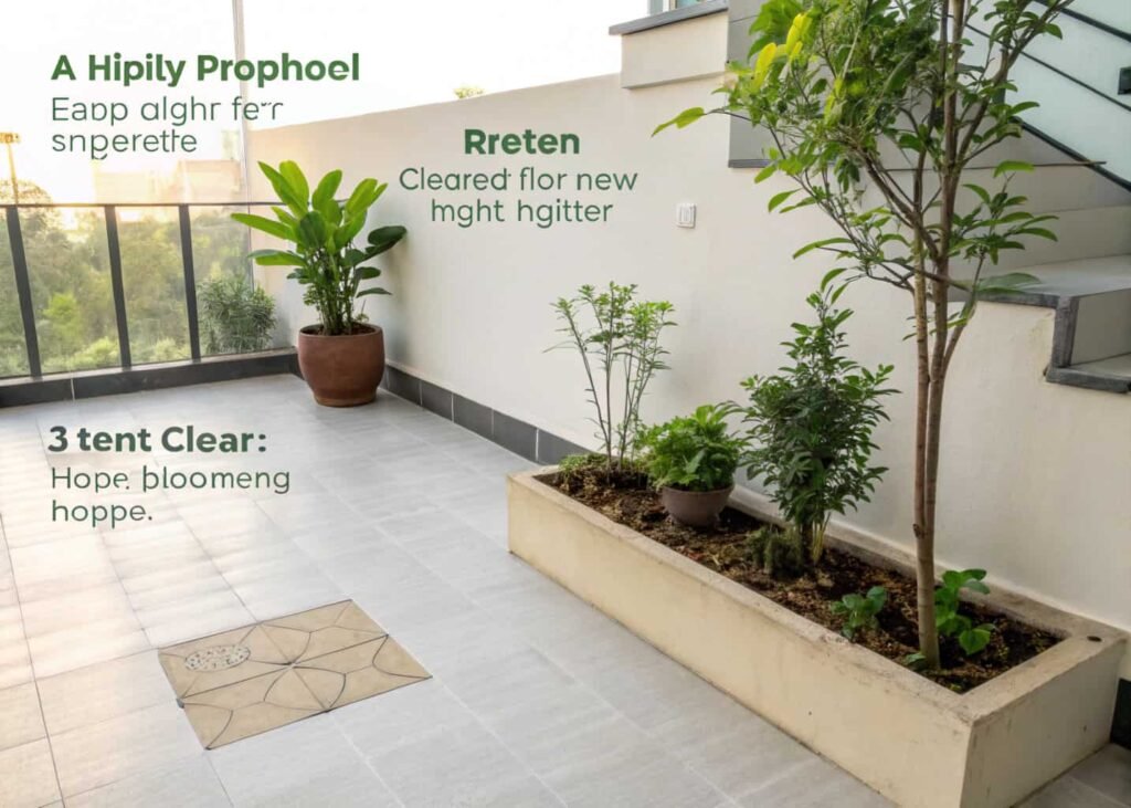 Terrace being built in stages on a budget with simple plants and clean floor