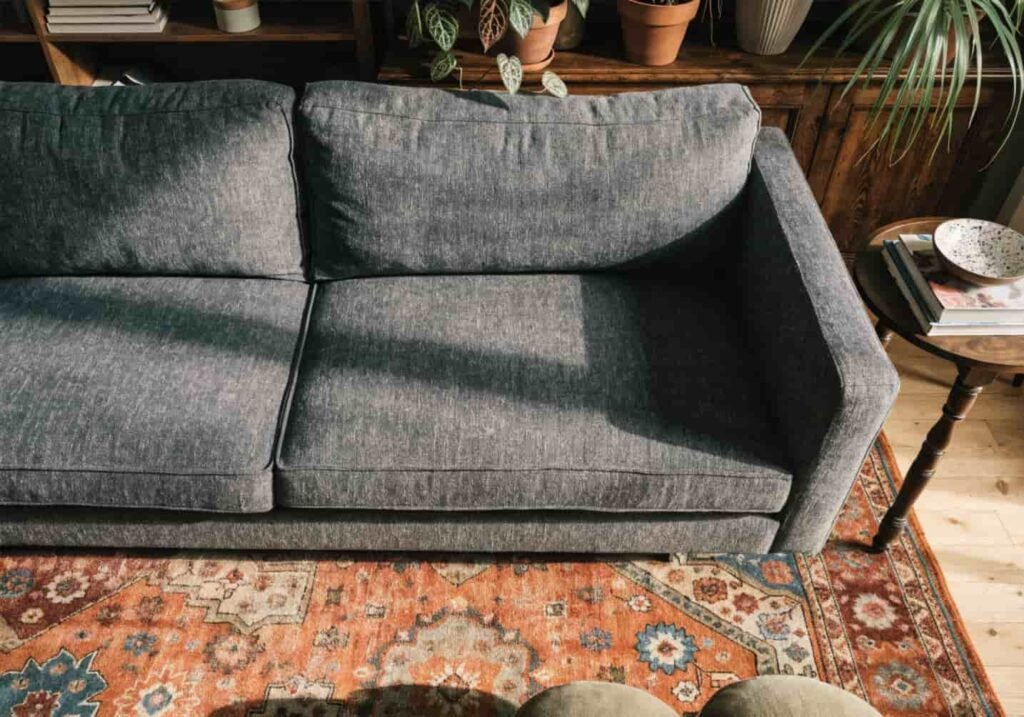 Layered vintage rug grounding a grey boho living room