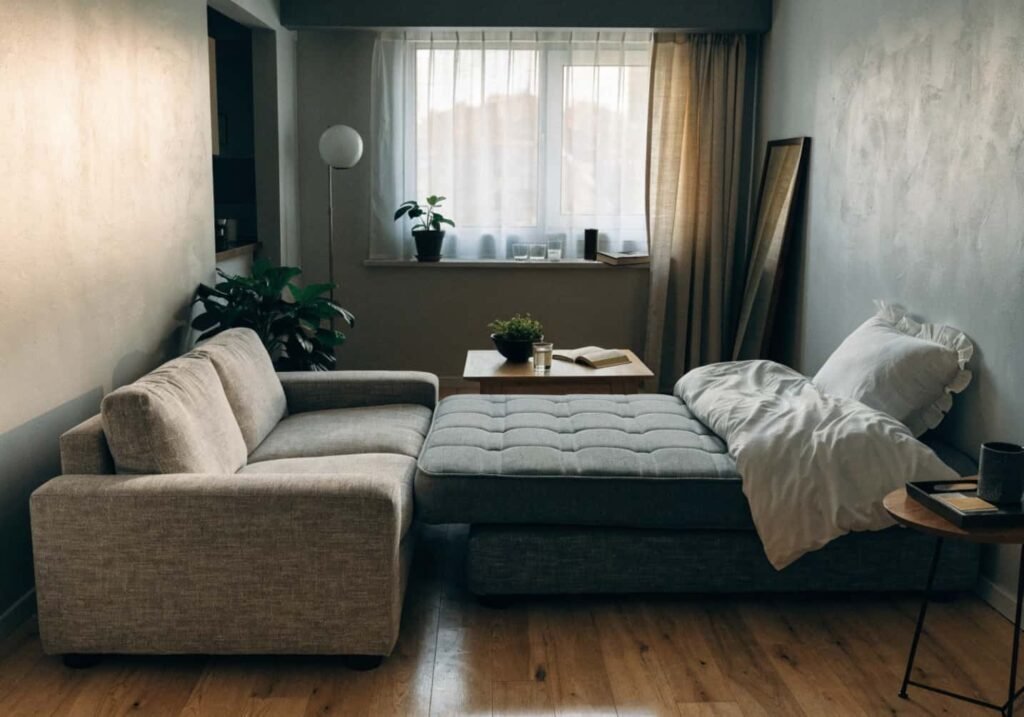 A space-saving sleeper sofa that converts easily in a small apartment living room.