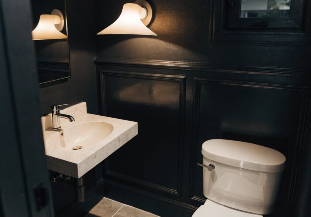 Black powder room wall combining matte paint with glossy paneling detail for added depth.