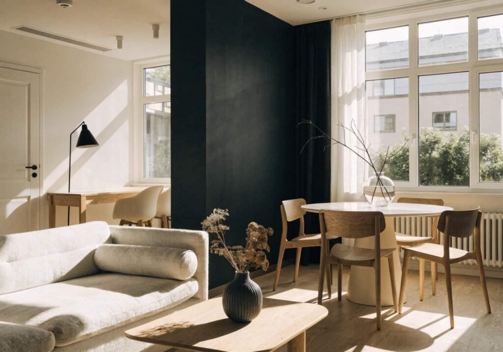 Open floor plan using a black wall to visually separate the living and dining areas.