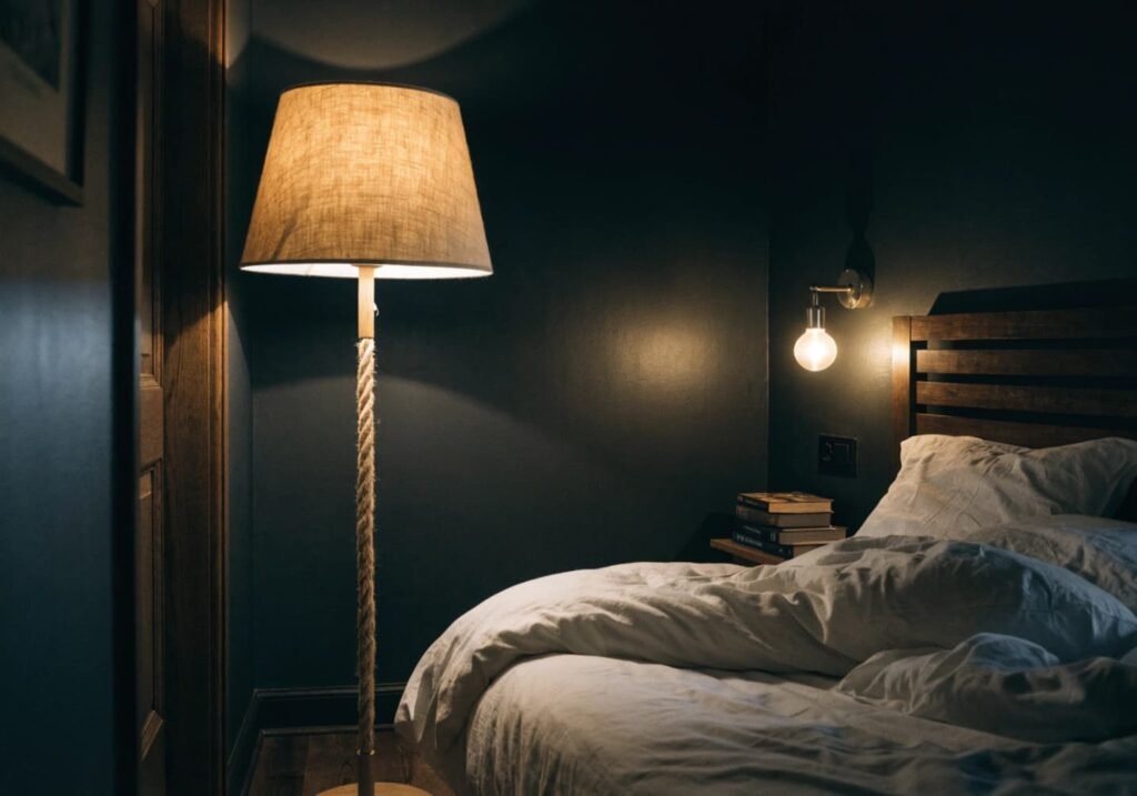 Warm layered lighting from a floor lamp and sconce softening a black bedroom at night
