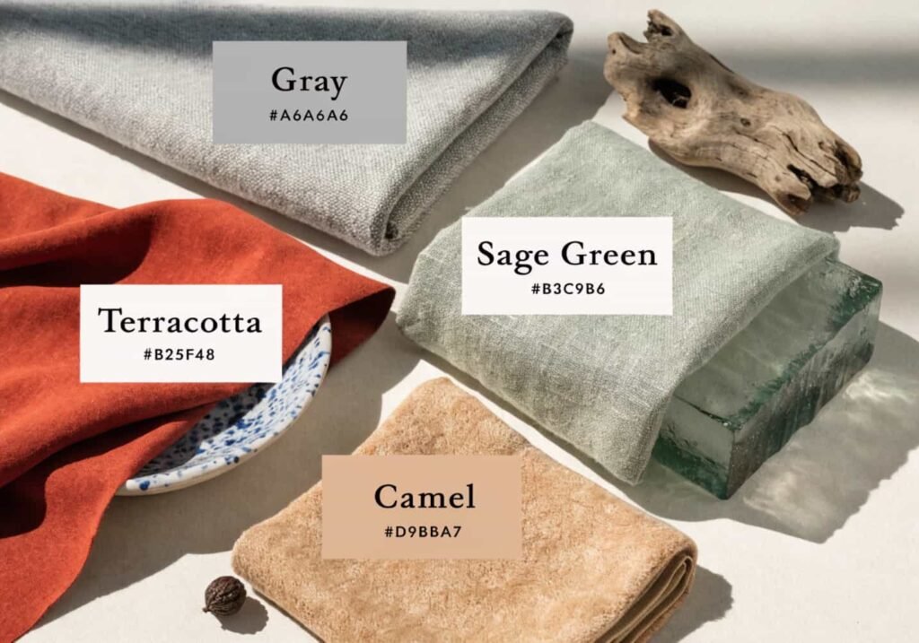 Gray boho color palette with terracotta, sage, and camel swatches