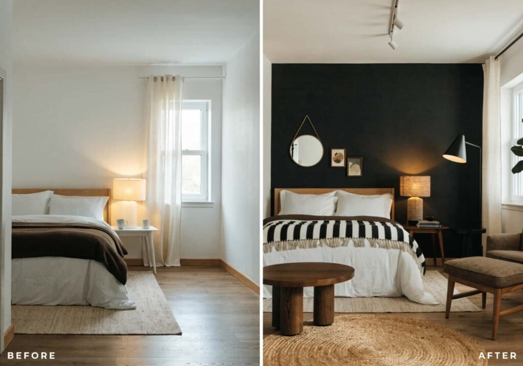 Bedroom makeover with a black feature wall behind the bed