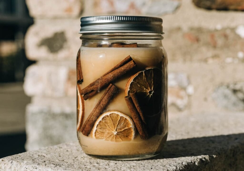 Homemade pumpkin spice mason jar candle with cinnamon sticks and dried orange slices