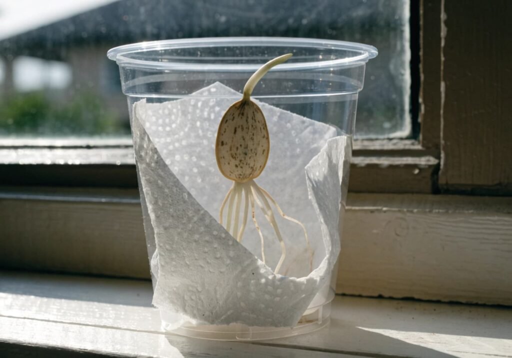 Sprouting pumpkin seed with visible roots in a clear cup on a classroom windowsill
