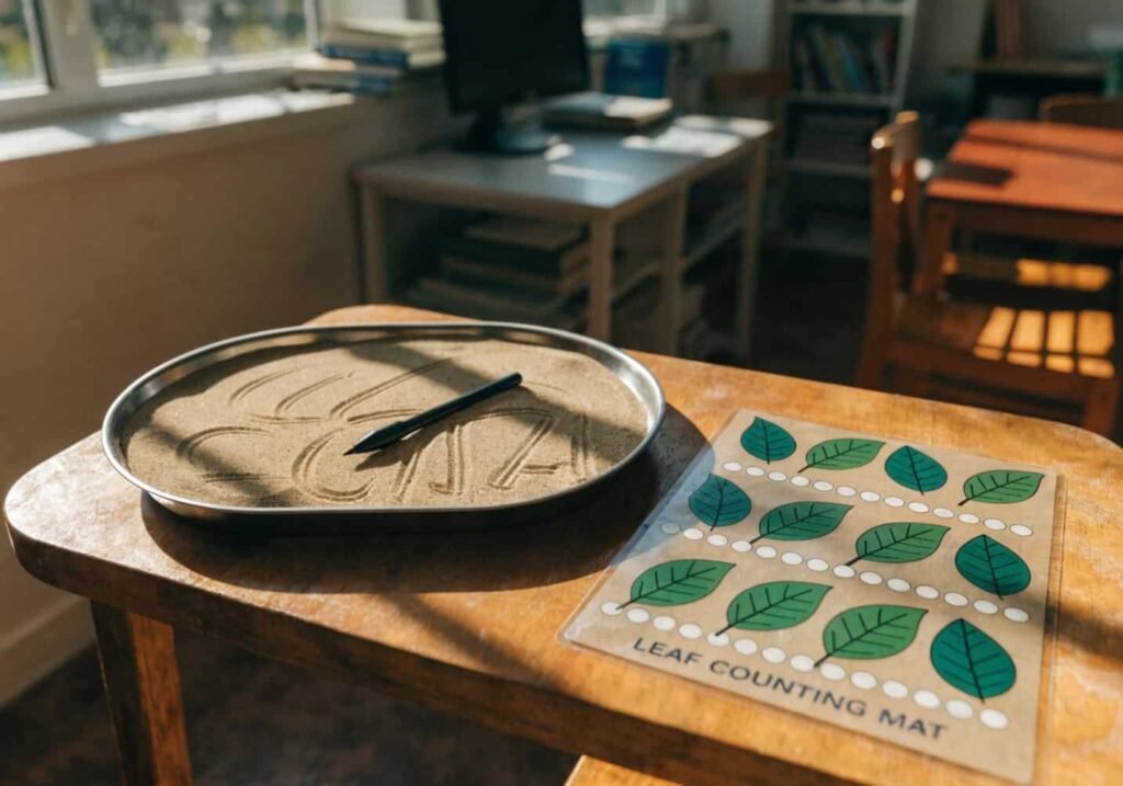 Sand tray and leaf counting mat set up for kindergarten letter and number practice