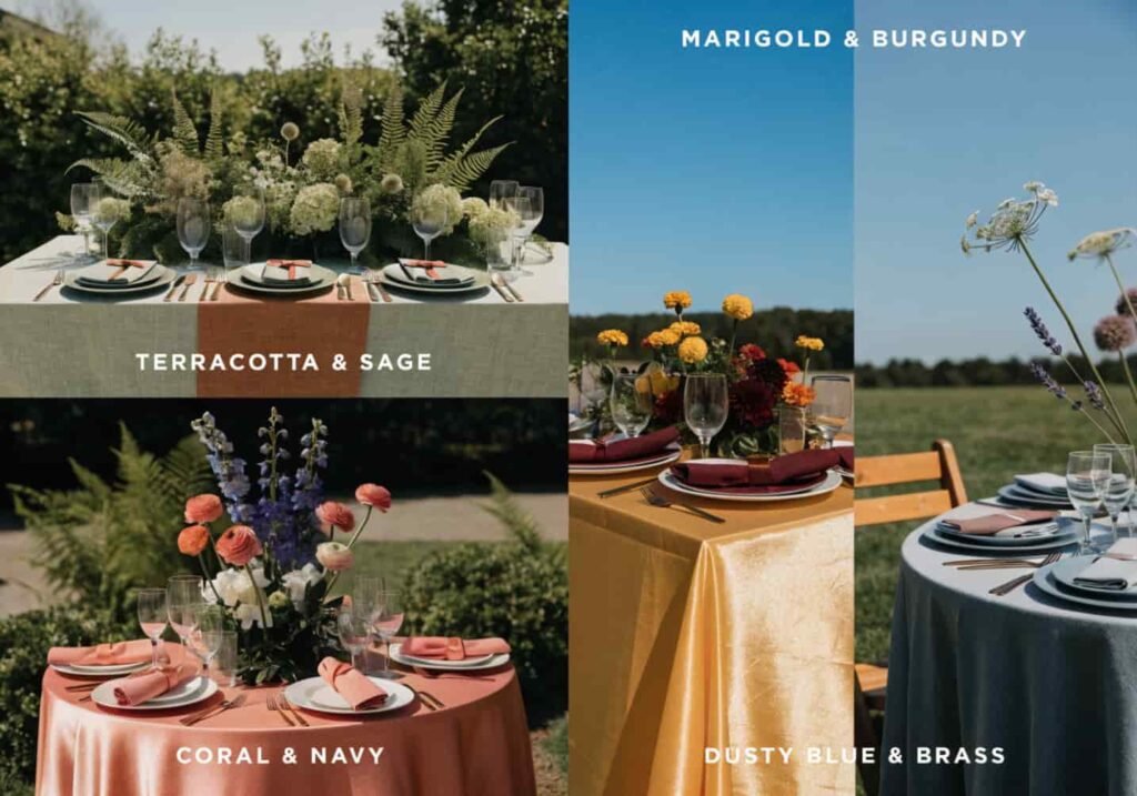 Four outdoor summer wedding color combination examples side by side.