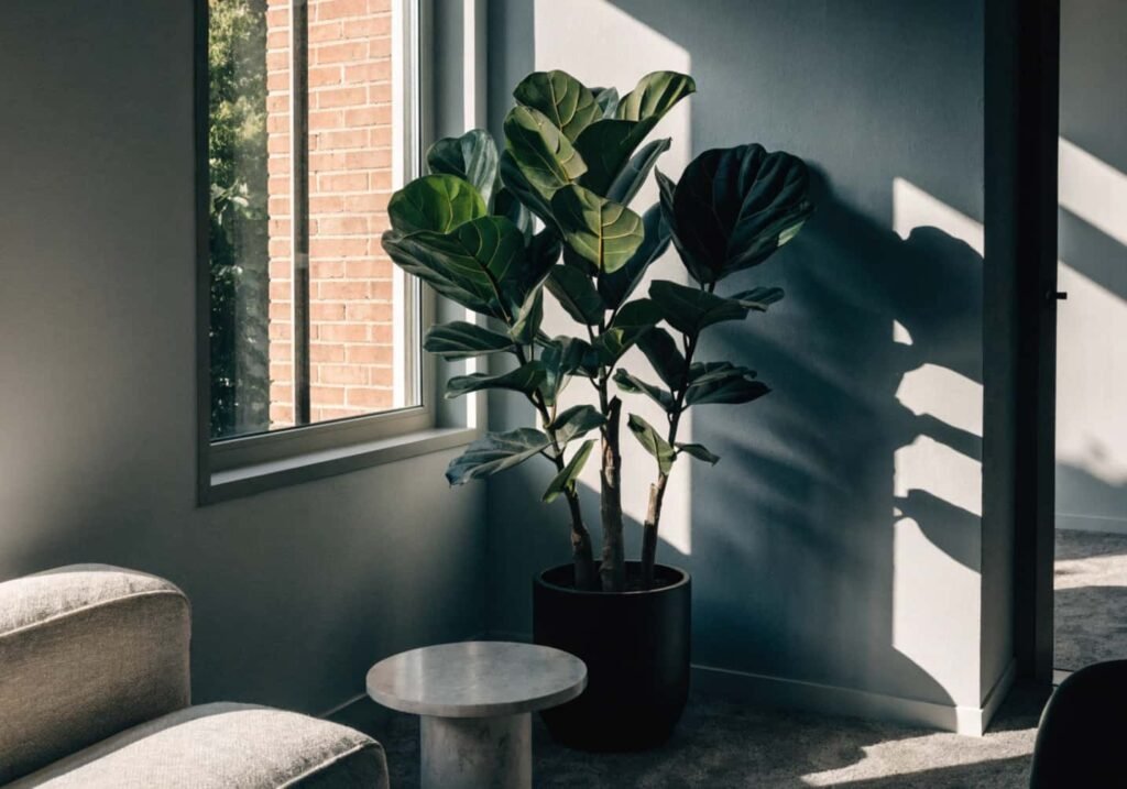 Green houseplant adding life to a gray boho living room