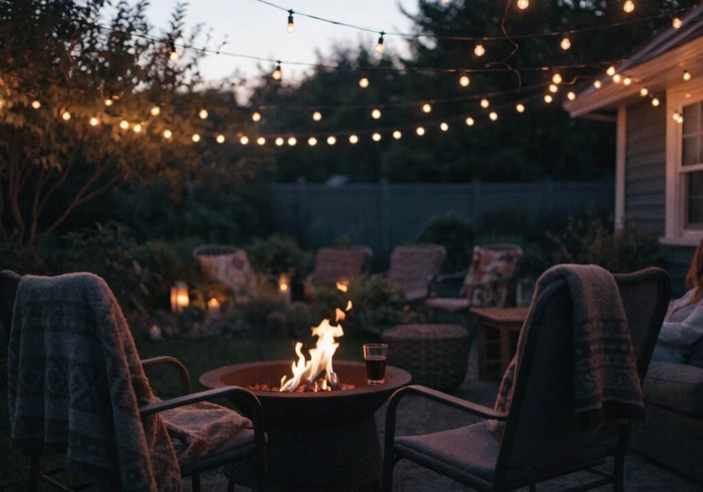 Cozy backyard seating around a fire pit for a small family reception.