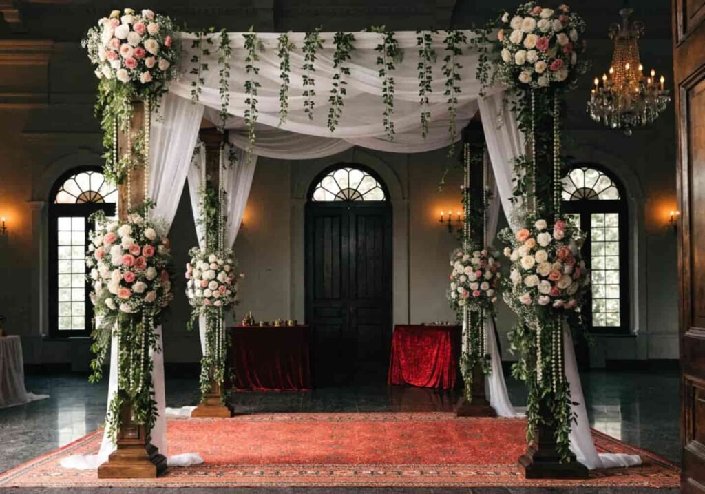 Indoor wedding mandap decorated with flowers and draped fabric