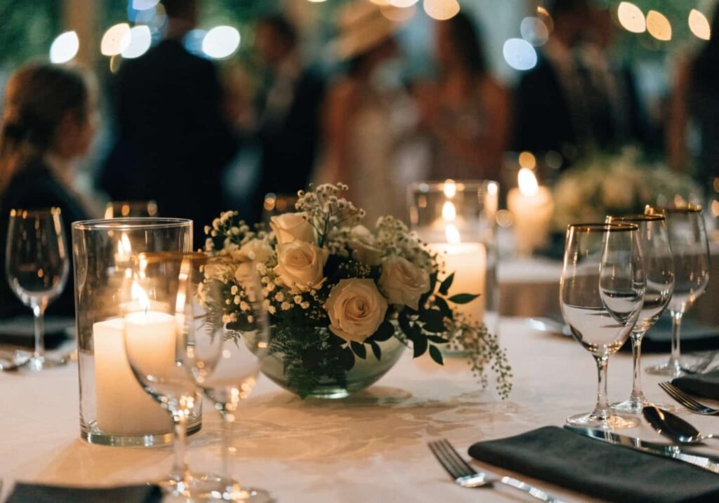 Wedding table setting with low floral centerpiece and candles