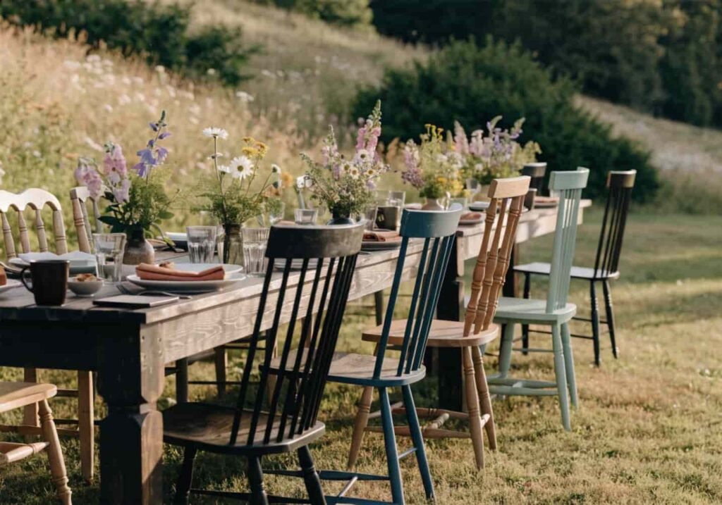 Casual farmhouse-style seating arrangement for a backyard wedding reception.