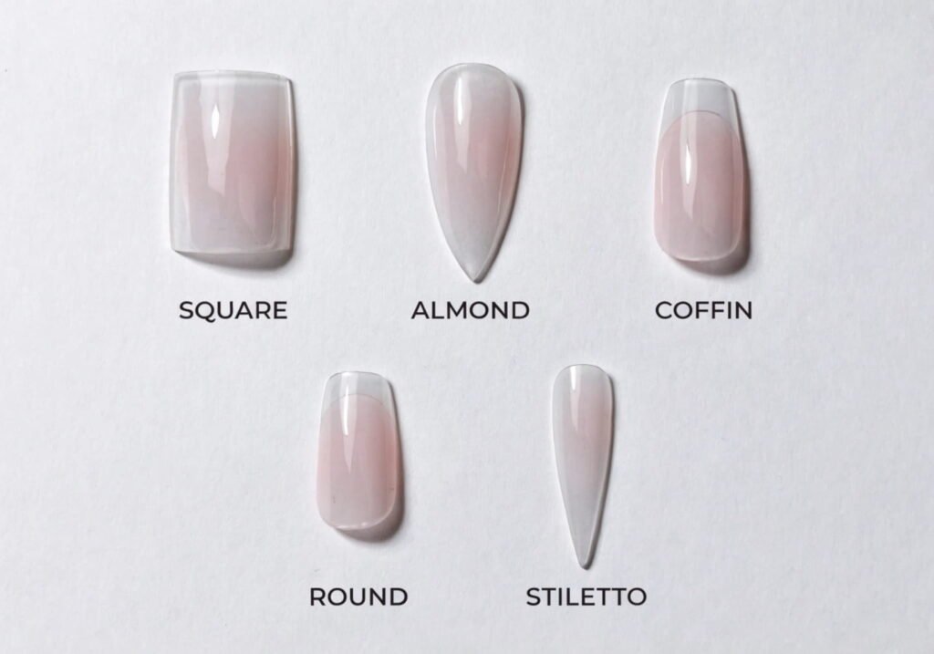 Flat lay showing five common acrylic nail shape options for comparison.