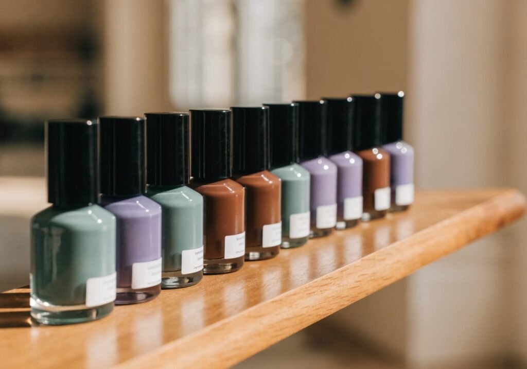 Muted color palette nail polish bottles in sage, lavender, and terracotta