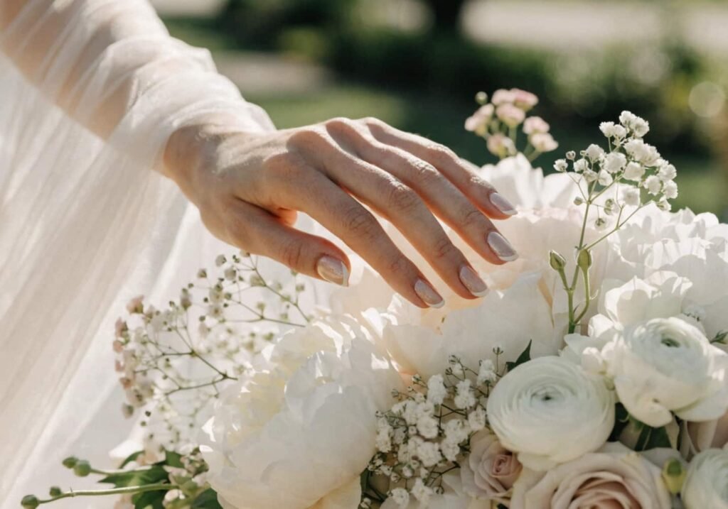 Champagne French manicure on a bride's hand resting on a floral bouquet.