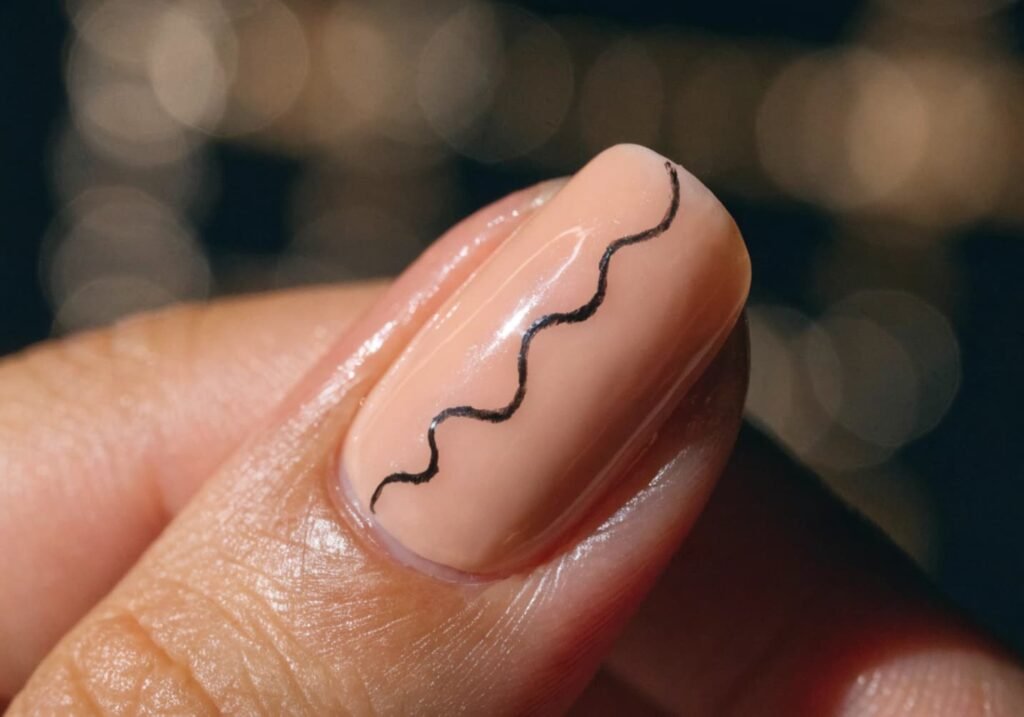 Minimalist line art nail design with a fine wavy black line on nude polish