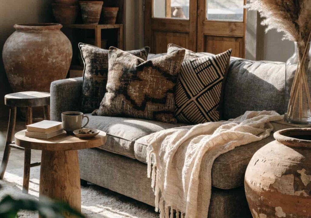 Earthy boho grey couch styled with terracotta pots and mudcloth pillows