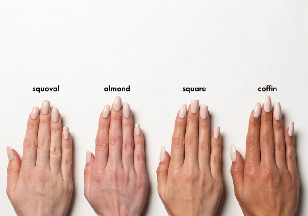 Comparison of squoval, almond, square, and coffin nail shapes