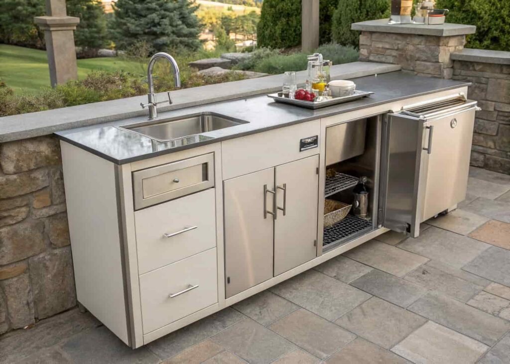 Outdoor grill station counter with stainless steel storage cabinets and prep sink
