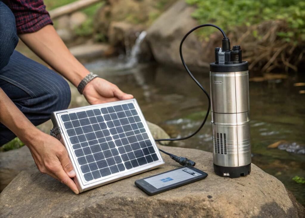 Person comparing solar panel wattage rating to pump power requirements before building a fountain