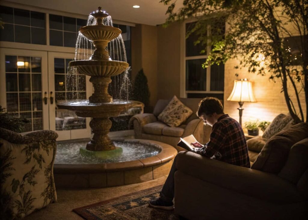 Person relaxing near an indoor water fountain in a living room