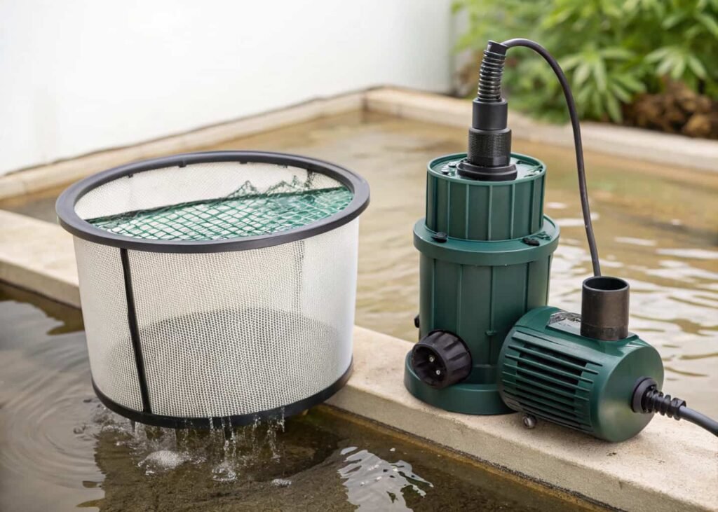 Submersible pond pump and mechanical filter basket used for DIY water feature filtration.