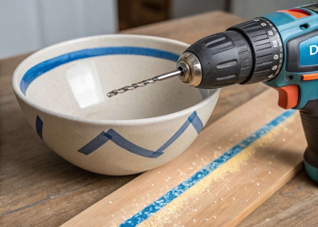 Drill and masonry bit prepared for drilling a cord hole in a ceramic fountain bowl.