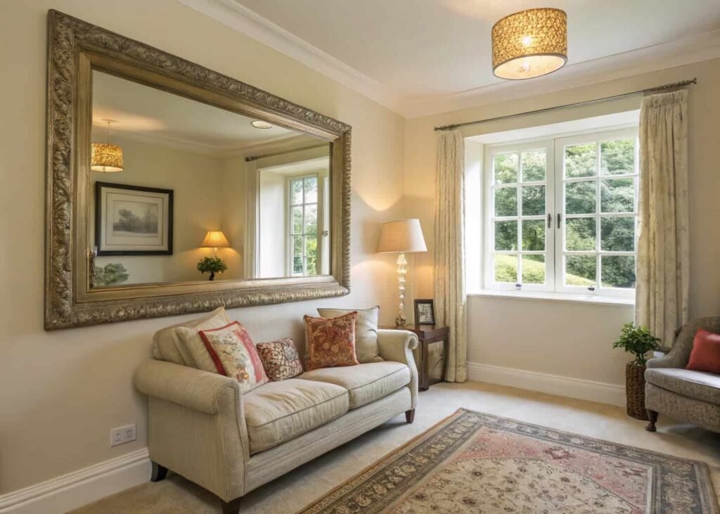 Small living room using a large mirror opposite a window for light.