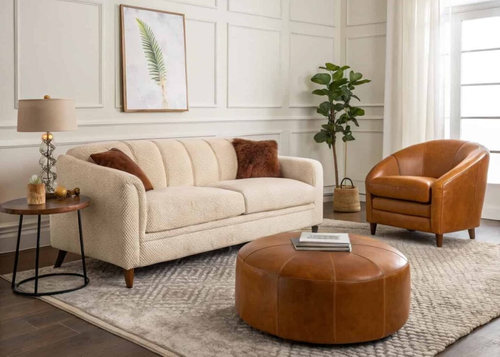 Multi-textured living room seating combining bouclé sofa, leather chair, and velvet ottoman.
Multi-textured living room seating combining bouclé sofa, leather chair, and velvet ottoman.